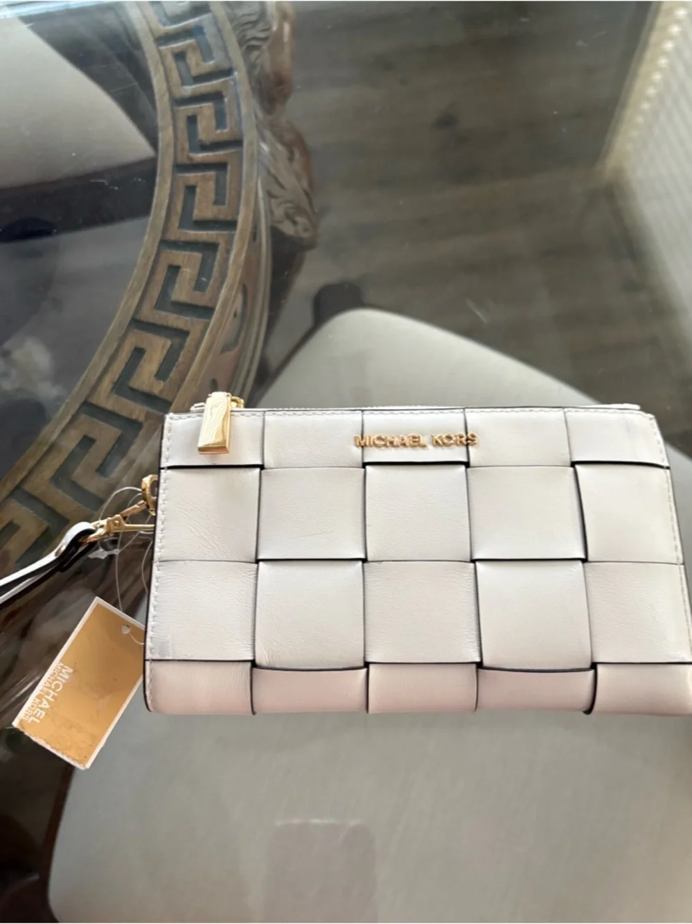 🤍🤍MICHAEL KORS WOVEN JET SET WHITE LEATHER DOUBLE ZIP WALLET/WRISTLET!🤍🤍